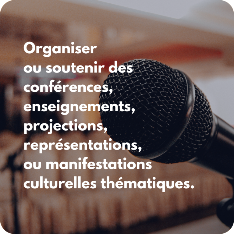 Organiser ou soutenir des conférences, enseignements, projections, représentations, ou manifestations culturelles thématiques.